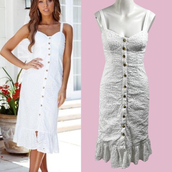 Helly Molly Adalusia Size S White Eyelet Ruffle Embroidered Cotton Midi Dress - Picture 15 of 17